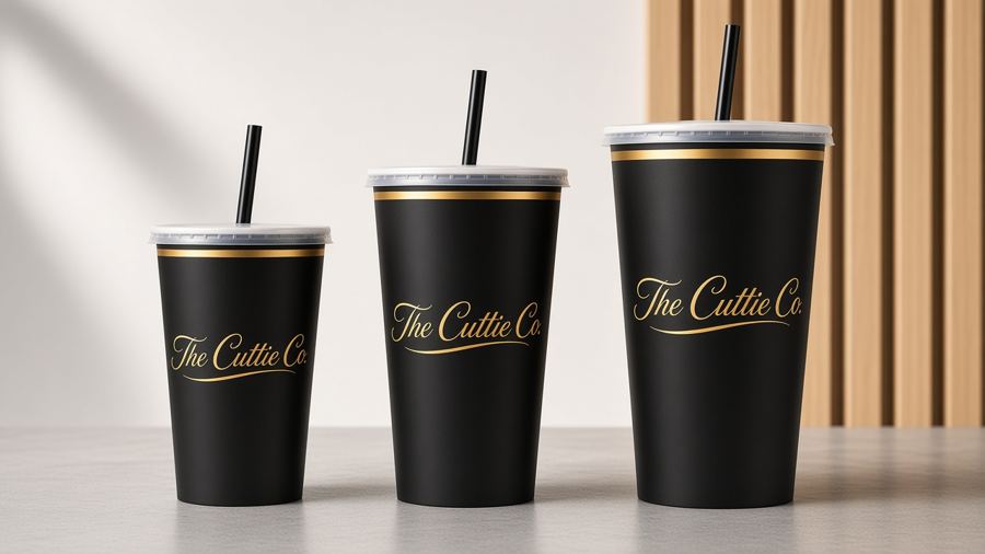 Three black paper fountain cups with the gold script logo in small, medium and large