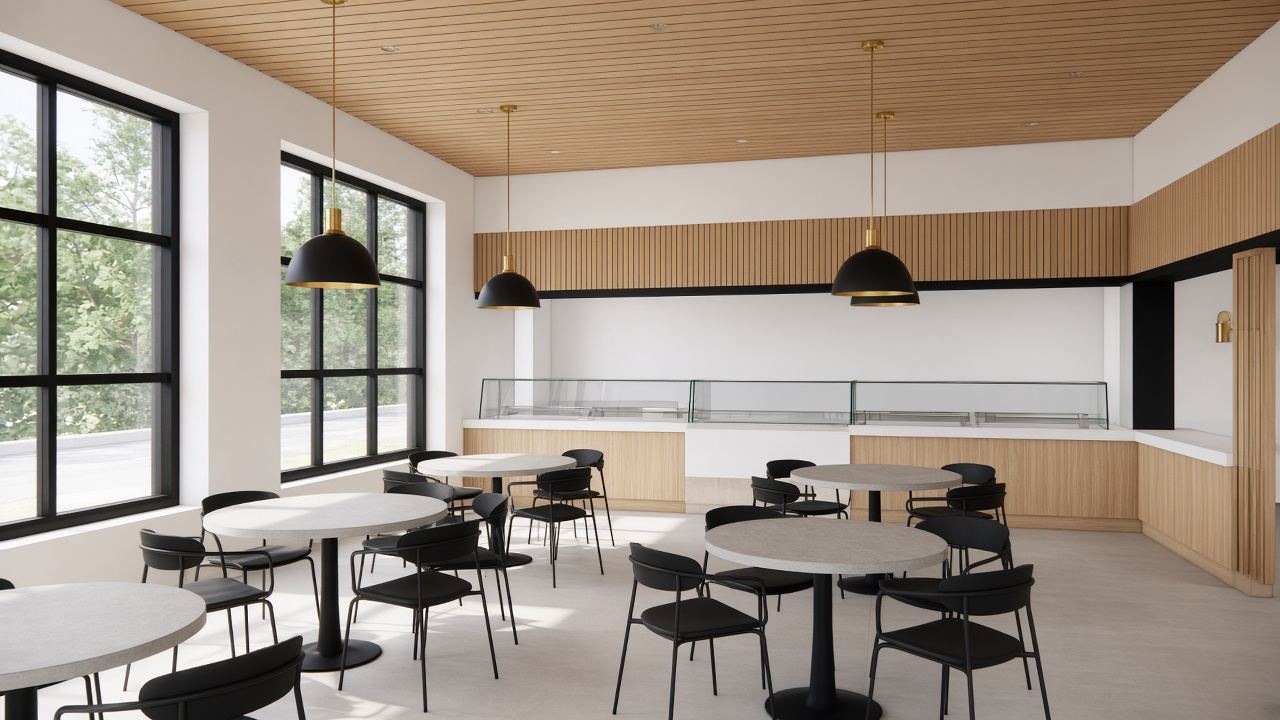 Wide view of a bright dining room with light oak slat ceiling, concrete tables, black chairs and a serving line
