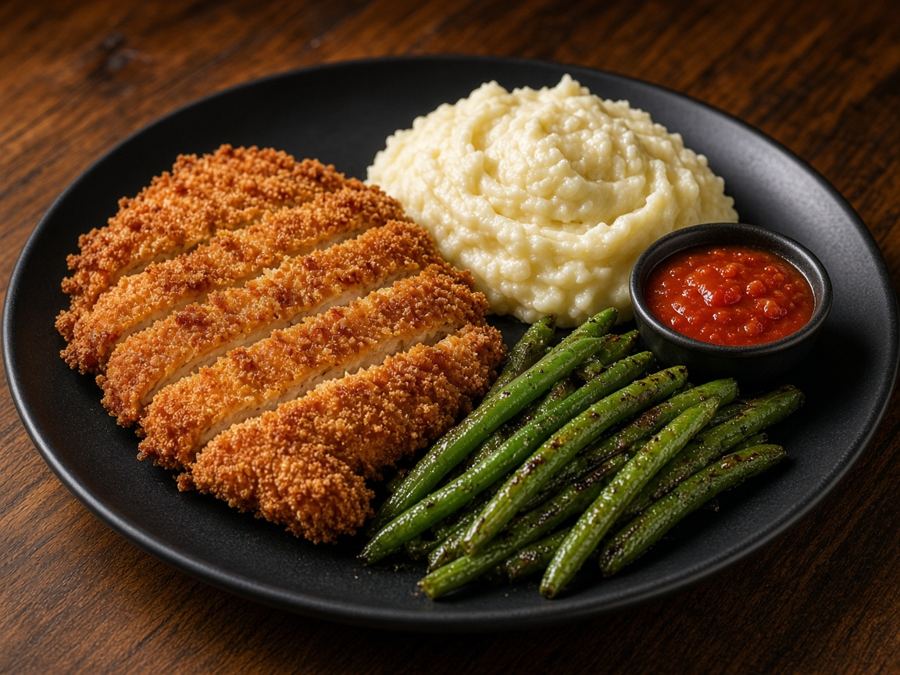 Golden fried cutlet with mashed potatoes and green beans