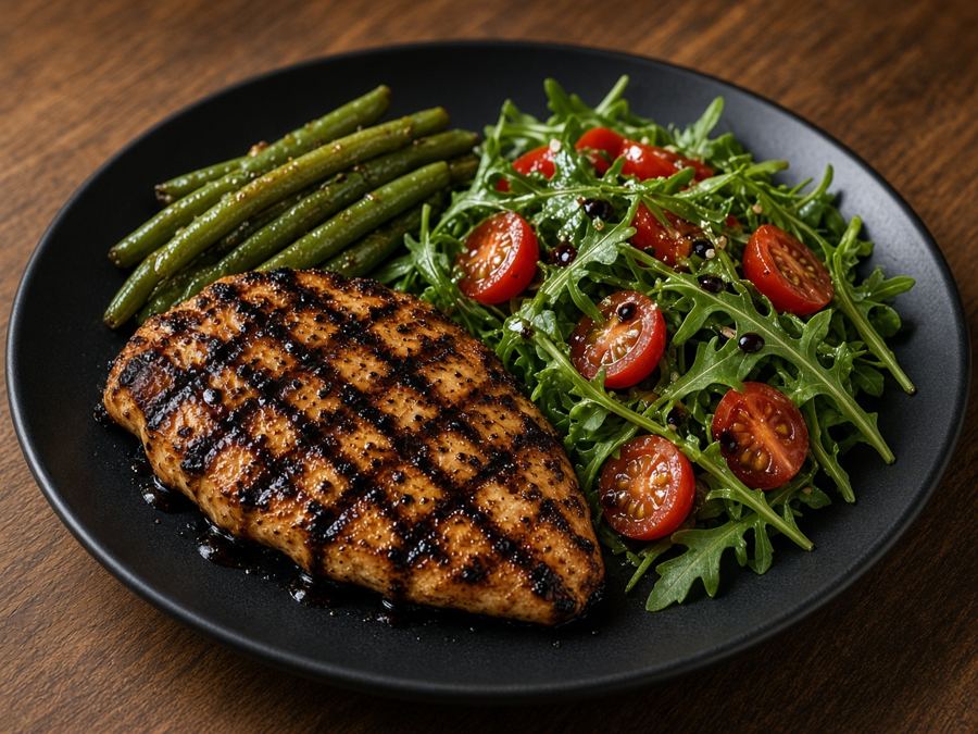 Grilled cutlet with balsamic over arugula salad and green beans