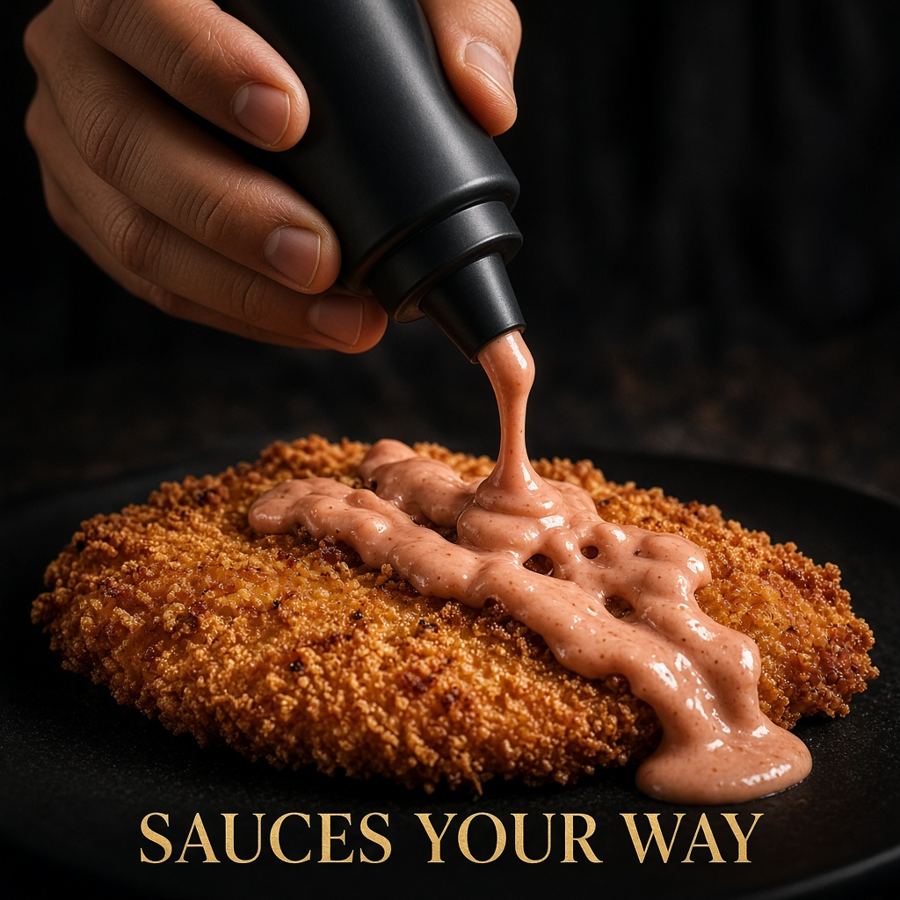 Instagram post: hand drizzling vodka sauce, sauces your way