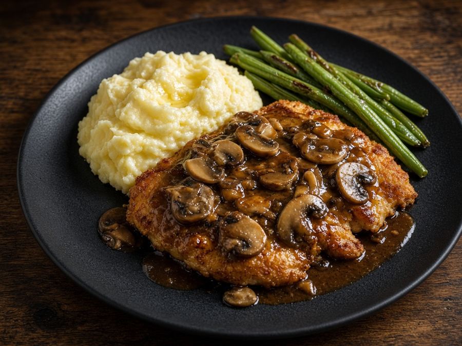 Cutlet with marsala mushroom sauce, mashed potatoes and green beans