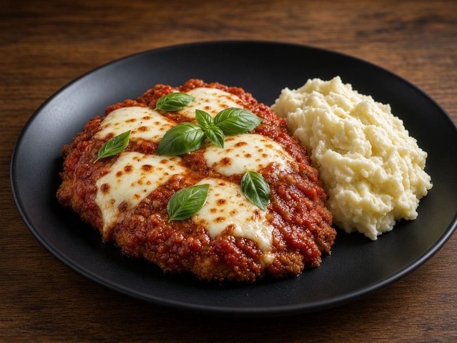 Cutlet topped with melted mozzarella and red sauce, with mashed potatoes