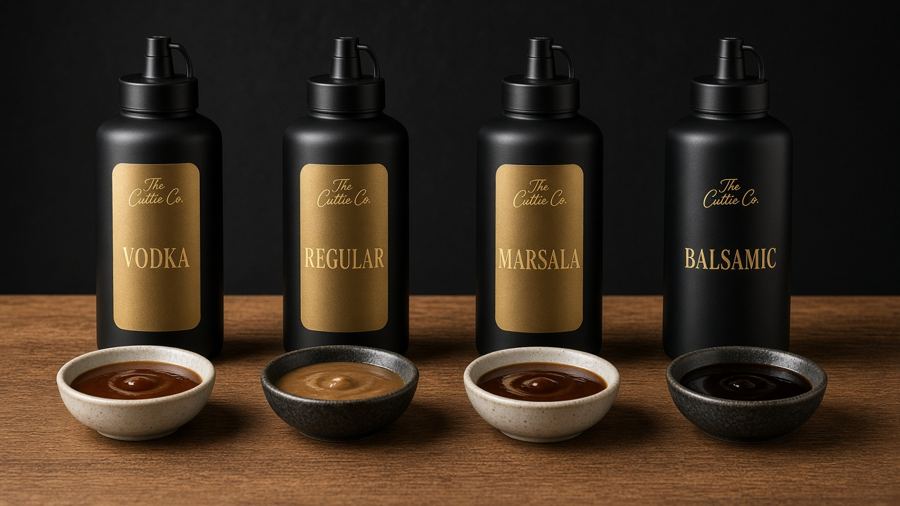 Four black squeeze bottles of sauce lined up