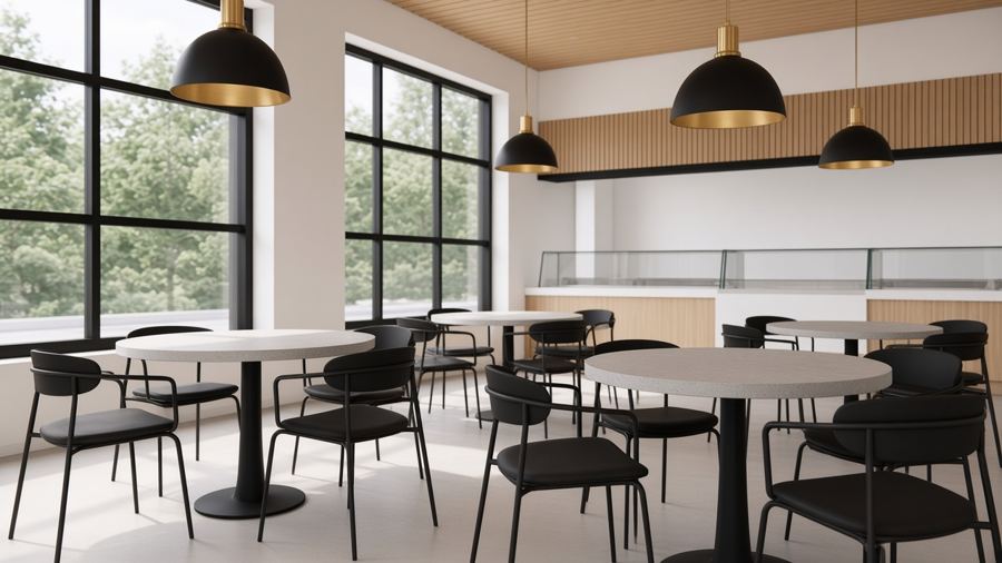 Round concrete tables with black metal chairs under dome pendants