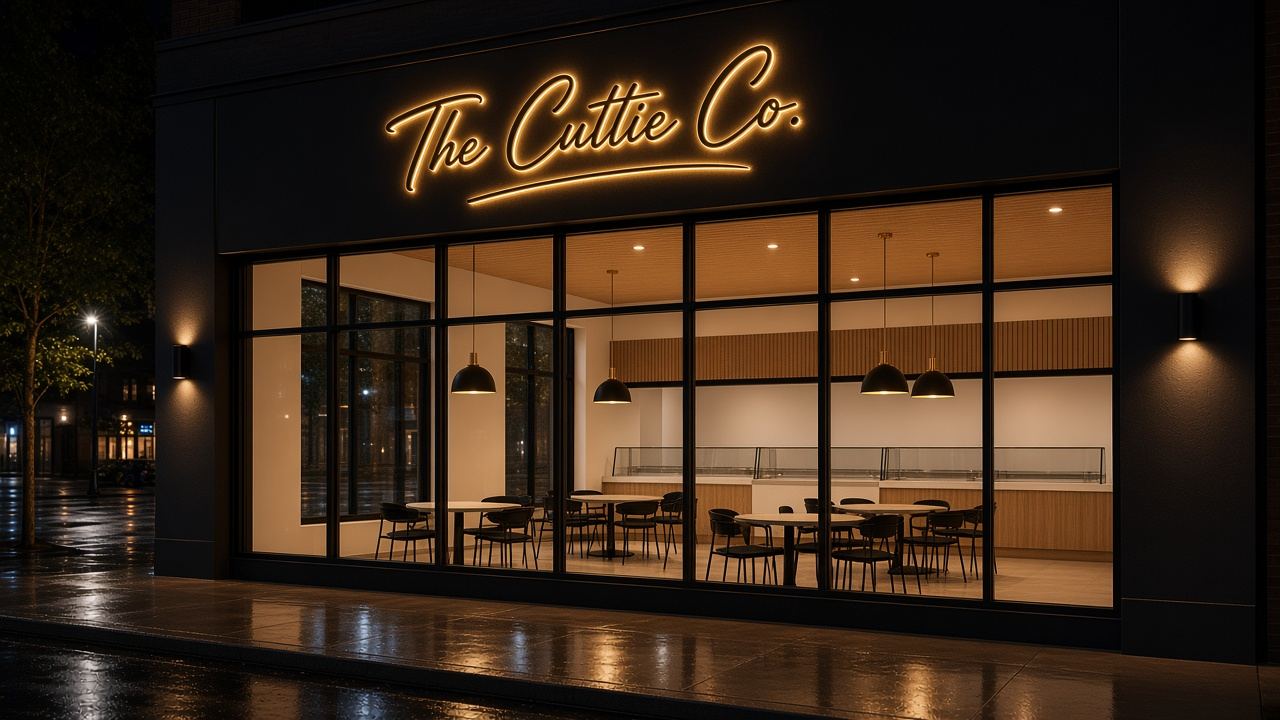 Matte black storefront at night with a glowing gold script sign
