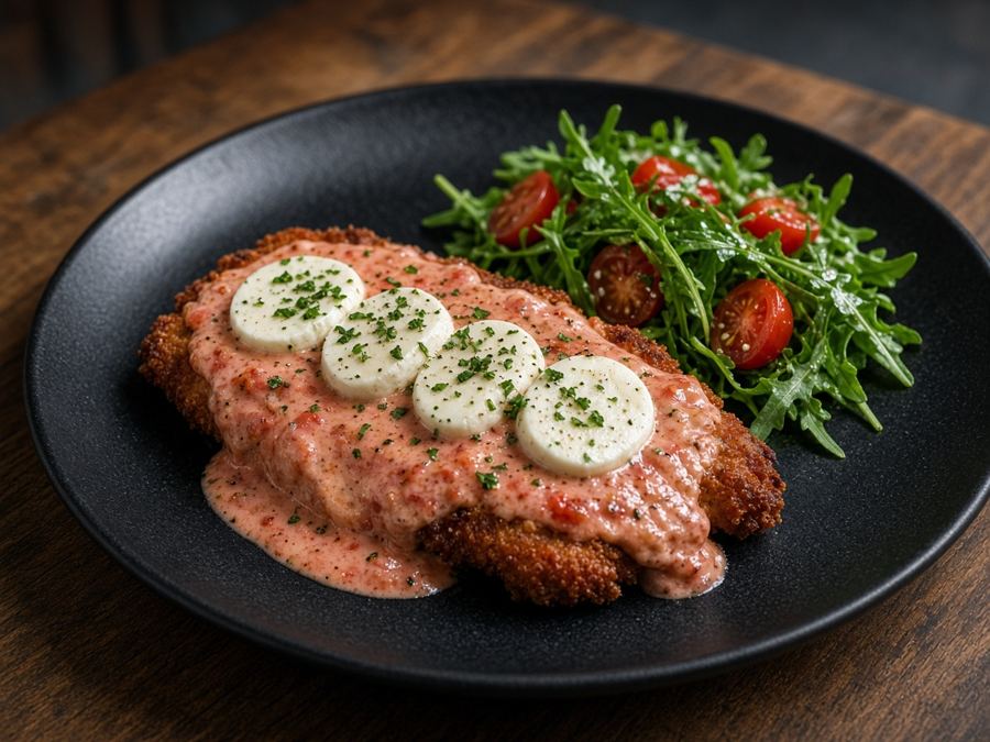Cutlet with vodka sauce, mozzarella and arugula salad